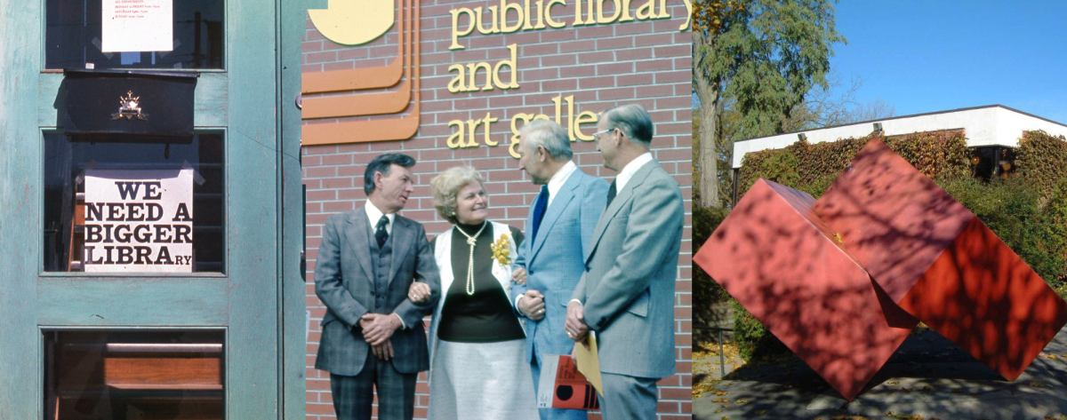 Sign on the library doors, the opening ceremony Chief Librarian Gladys Western (2nd from left) in 1975, the Klosso Eloul cube sculpture